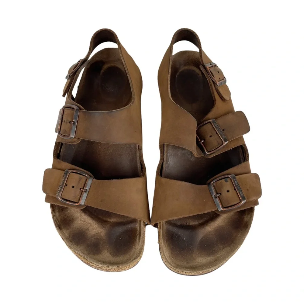 Birkenstock Mens Milano Brown Leather Buckle Straps Slingback Sandals Sz 10 / 43